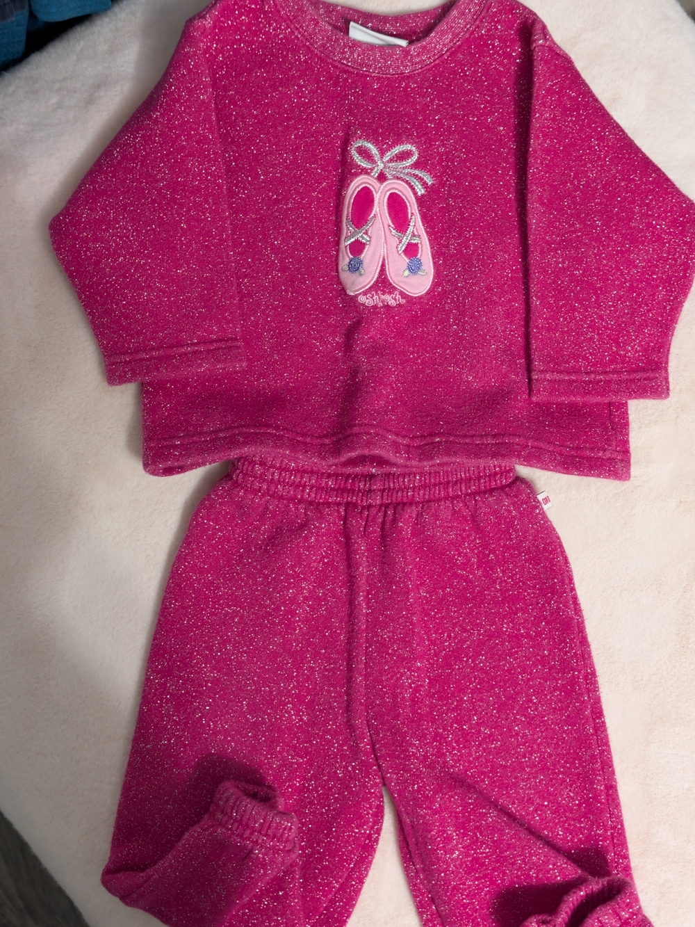 Vintage 90s OshKosh B'gosh Glitter Ballet Slippers Sweatshirt Pant Set Pink 12M